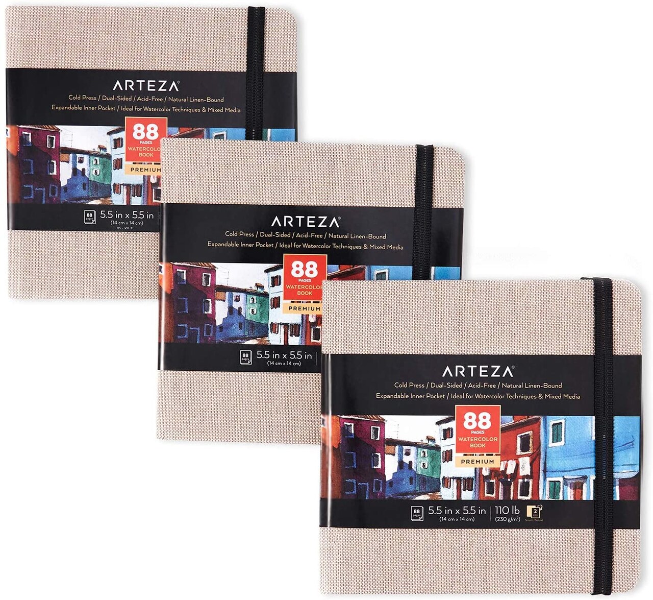Arteza Watercolor Paper Pad, Beige Hardcover, 5.5"x5.5", 88 Pages - 3 Pack